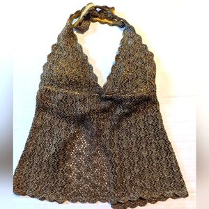 Becca Y2K Metallic Gold Crochet Open Back Halter Size Small/Med